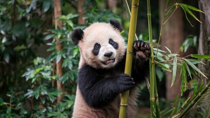 Playful Panda Cub Climbing Bamboo in Lush Forest Greenery