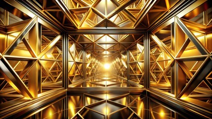 Fototapeta premium A dazzling golden hallway with a geometric design, reflecting light and creating a mesmerizing pattern of triangles and squares.