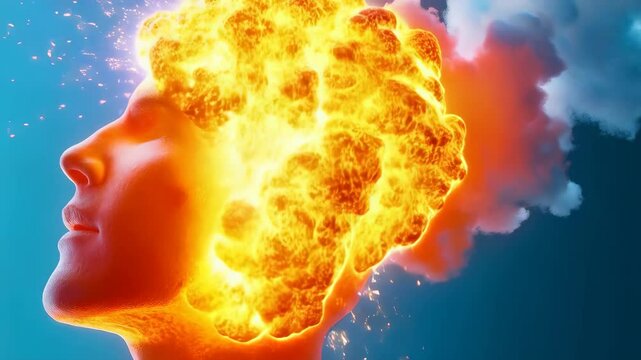 Conceptual image of a human head with an explosion of colors and smoke, symbolizing creativity, imagination, and the power of thoughts, against a bright blue backdrop.