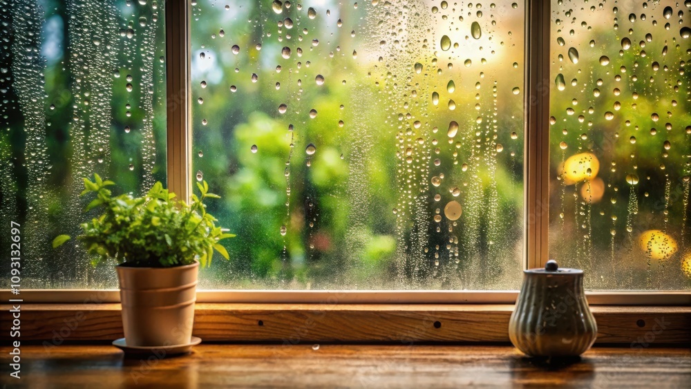 Poster a small potted plant sits on a window sill, basking in the soft glow of sunlight filtering through r