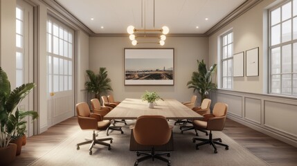 Fototapeta premium Modern Meeting Room with Elegant Interior Design Featuring Large Table, Stylish Chairs, Lush Plants, and Beautiful Artwork for Professional Environments
