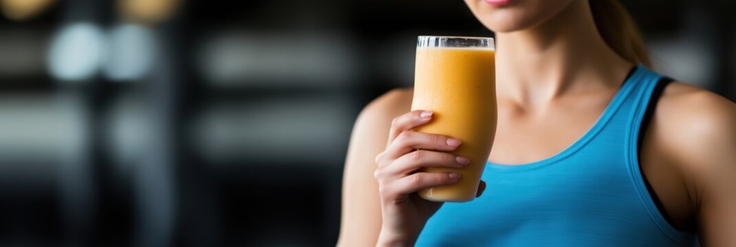 An athletic woman holds a refreshing smoothie after an intense workout, highlighting health and fitness culture, vitality, and the rewards of physical activity in an active lifestyle.
