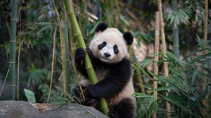 Obraz premium Playful Panda Cub Climbing Bamboo in Lush Forest Greenery