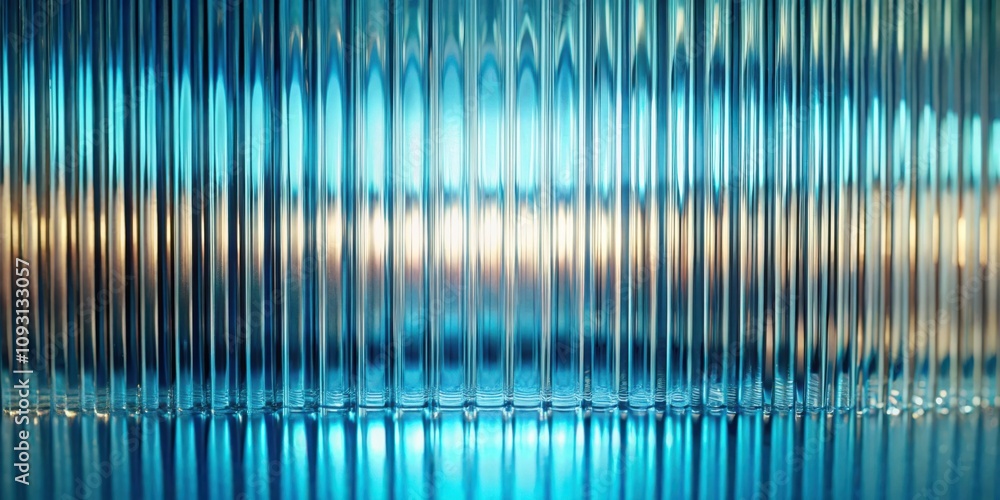 Aufkleber A close-up of a textured glass surface with multiple vertical ridges, creating a mesmerizing play of light and reflection against a backdrop of vibrant blue and subtle orange tones.