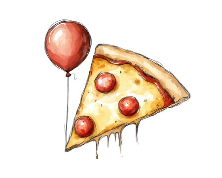 Colorful pizza slice with red balloon, playful and whimsical design.