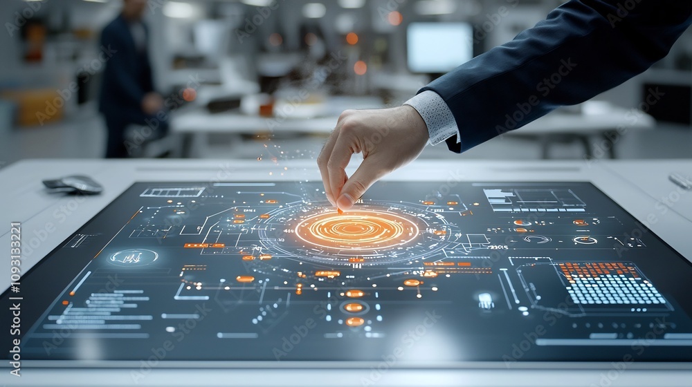 Aufkleber A professional setting with a hand operating a glowing digital interface above a laptop displaying data and charts from 2020 to 2025  The scene highlights innovation