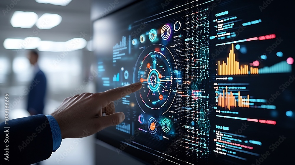 Poster futuristic office scene featuring a hand interacting with a radiant digital screen displaying bar ch