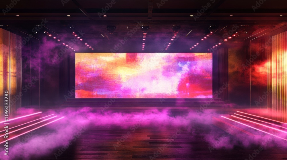 Poster vibrant stage with colorful lighting and misty atmosphere creating an energetic and dynamic scene fo