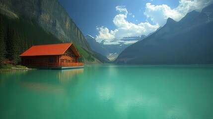 Fototapeta premium A serene lake scene featuring a cabin surrounded by mountains and clear turquoise water.