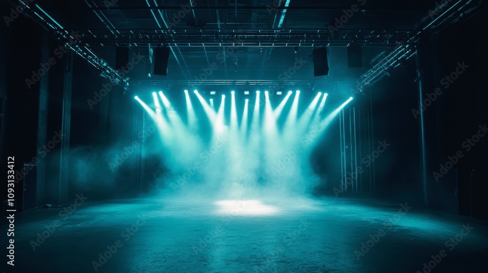 Poster dramatic stage lighting with fog in an empty auditorium, creating an atmosphere for performances, co