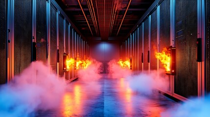 A futuristic server room illuminated by flames and fog, creating a dramatic atmosphere that suggests urgency and high-tech intrigue.
