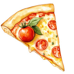 Delicious slice of pizza with cheese, tomato, and fresh basil on white background.