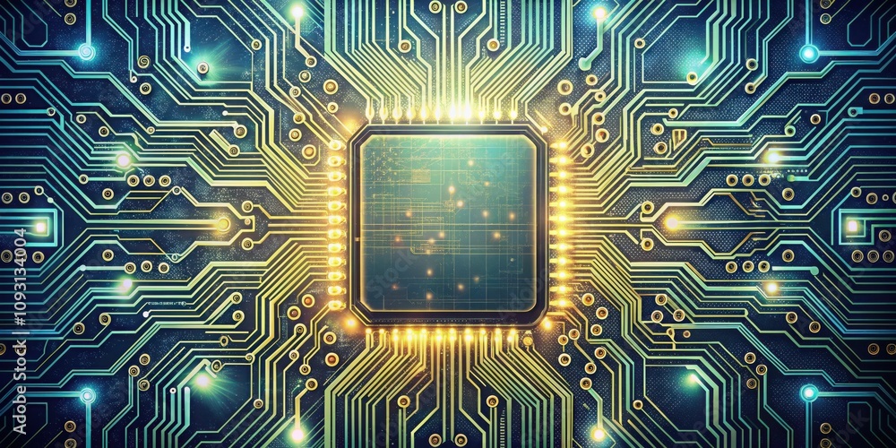 Poster a circuit board with intricate pathways and glowing connectors, representing the flow of data and in