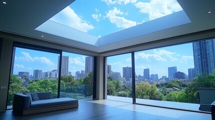 Bright and Airy Living Space With Stunning Urban Skyline View and Lush Greenery Under a Clear Blue Sky