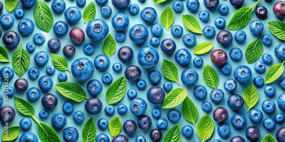 Poster a vibrant and refreshing arrangement of blueberries and green leaves, creating a delightful pattern 