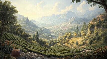 Beautiful Serene Landscape of Rolling Green Hills, Mountains in Background, and Lush Tea Plantations Under a Soft Golden Sunlight in a Peaceful Rural Setting