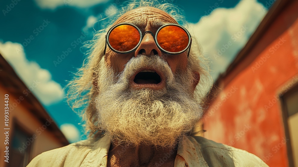 Poster man with a beard and sunglasses is looking up at the sky. the sky is blue and there are clouds in th
