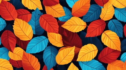 Obraz premium Vibrant Colorful Leaves Composition for Autumn Season Background with Bright Orange, Red, and Blue Leaves on Dark Surface