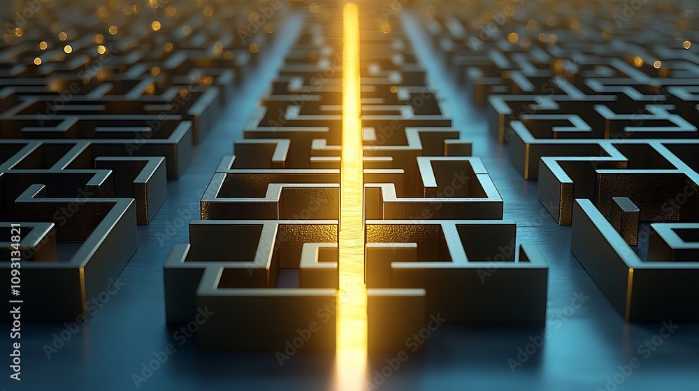 Poster Striking 3D abstract golden maze with a glowing radiant path highlighting precision strategy and problem solving for creative innovation  Futuristic digital with geometric shapes metallic textures