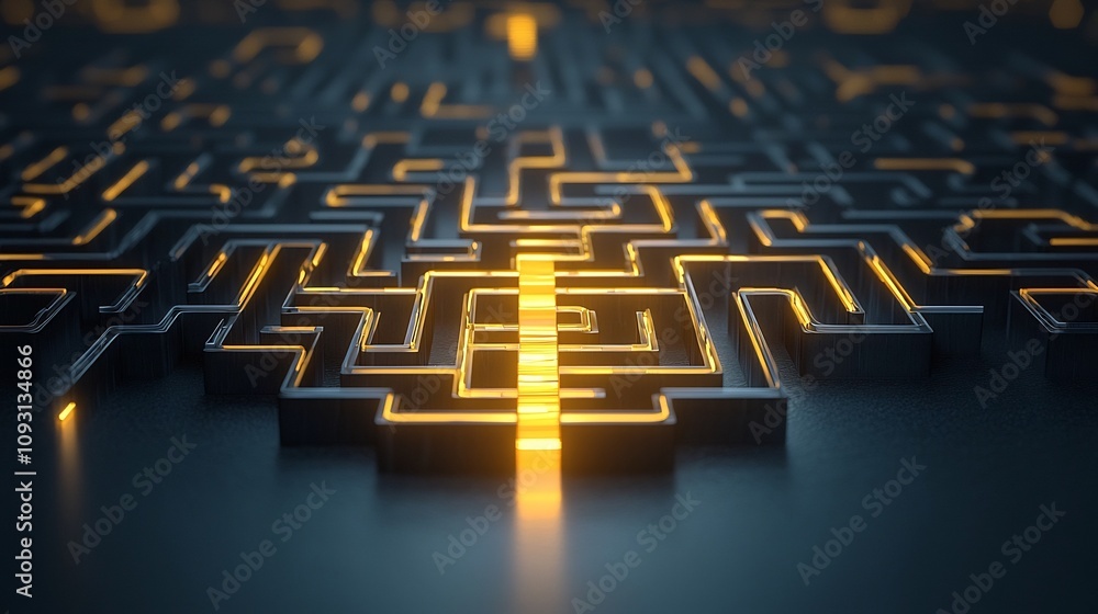 Aufkleber Glowing Golden 3D Maze with Radiant Path Through   Conceptual Highlighting Precision Strategy and Problem Solving Skills for Creative Innovation and Advancement