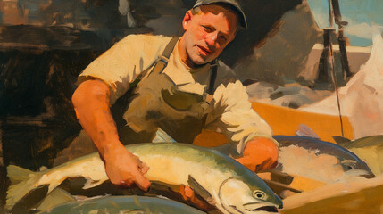 fisherman holding a fresh caught salmon