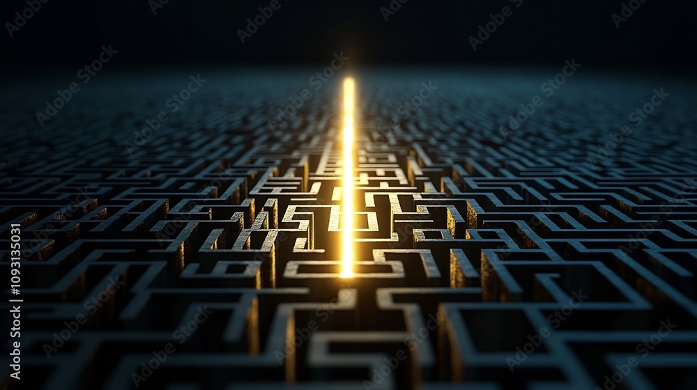 Aufkleber Conceptual 3D rendering of a complex golden maze structure with a bright luminous line representing the journey of innovative problem solving and strategic clarity