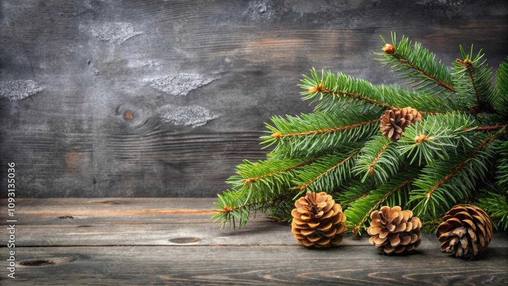 Poster a rustic wooden table decorated with evergreen branches and pine cones