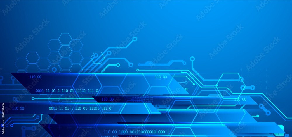 Poster abstract technological illustration with neon lights on a dark blue gradient background. this vector