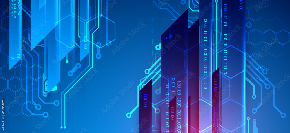 Poster abstract technological illustration with neon lights on a dark blue gradient background. this vector