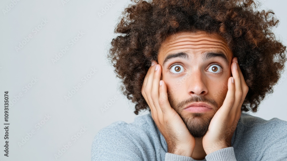 Poster man with a beard and dreadlocks is looking at the camera with his hands on his face