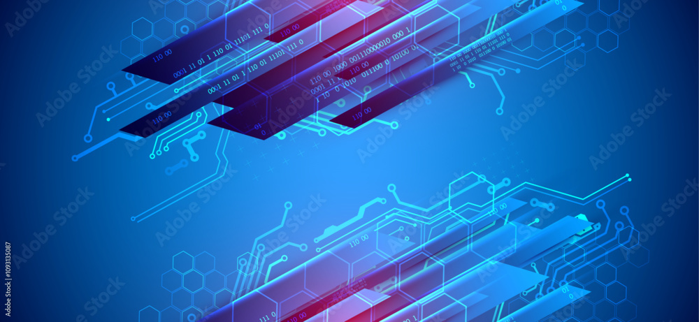 Poster abstract technological illustration with neon lights on a dark blue gradient background. this vector