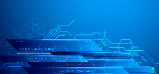 Abstract technological illustration with neon lights on a dark blue gradient background. This vector was hand drawn.