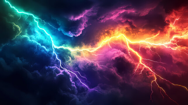 Neon rainbow color lightning striking against a dark sky, neon, rainbow, color, lightning, electric, energetic, vibrant. Neon Lightning Strikes. Illustration