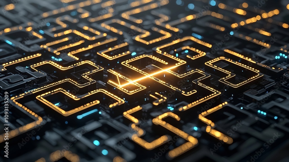 Poster Innovative 3D Maze with Radiant Golden Patterns Guiding the Path to Optimal Solutions   Abstract digital visualization symbolizing strategic problem solving clarity and futuristic design