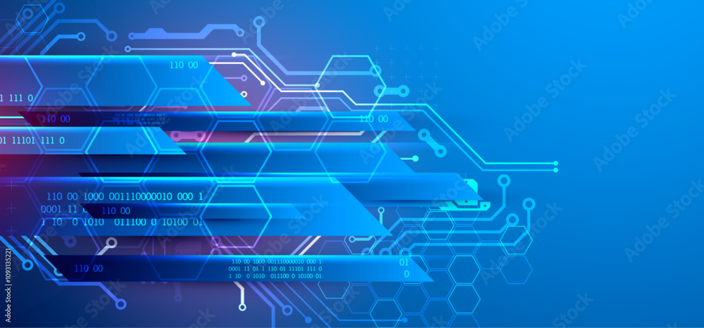 Poster abstract technological illustration with neon lights on a dark blue gradient background. this vector