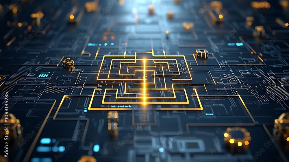Aufkleber Abstract 3D maze with intricate gold patterns and a radiant glowing line weaving through to find the optimal path symbolizing innovative problem solving and clarity in strategy
