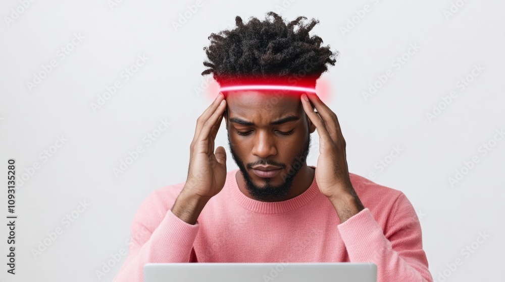 Poster man with a red headband is sitting in front of a laptop. he is looking at the screen with a worried 