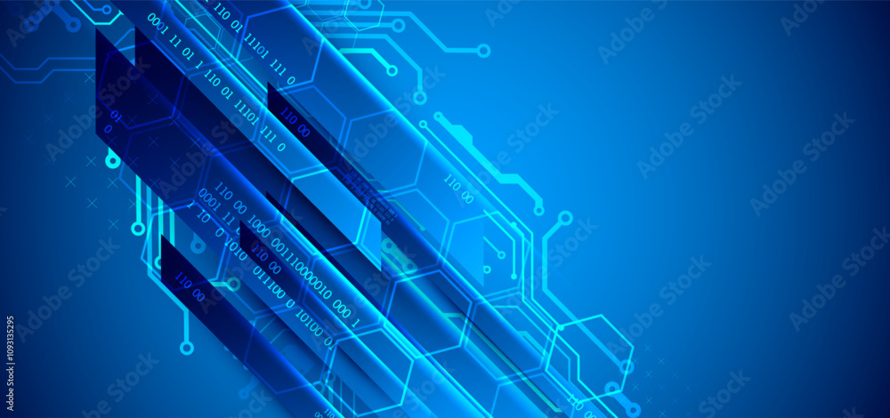 Poster abstract technological illustration with neon lights on a dark blue gradient background. this vector