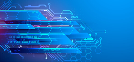 Abstract technological illustration with neon lights on a dark blue gradient background. This vector was hand drawn.