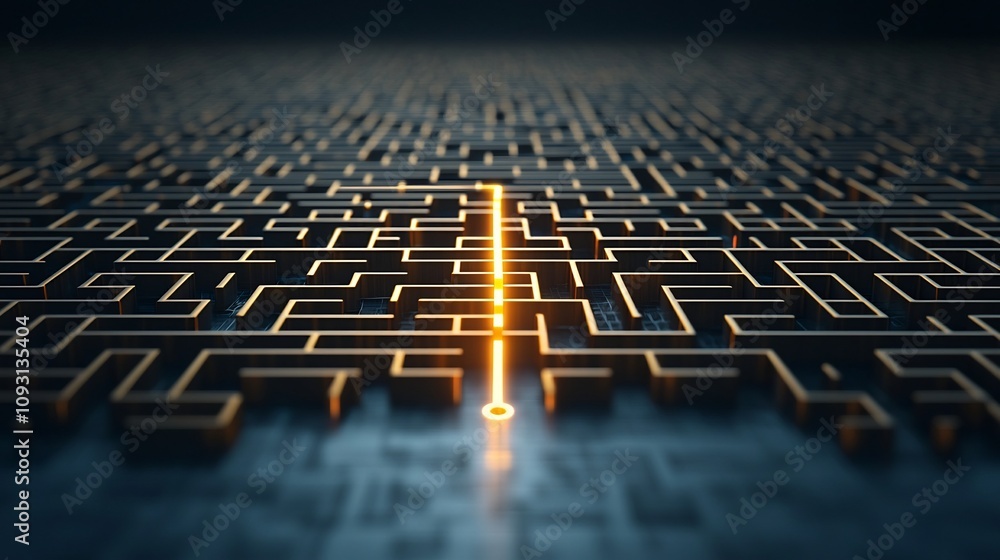 Poster Vibrant 3D golden maze with a glowing radiant line carving an optimal route representing the clarity and creativity of innovative strategic thinking and problem solving