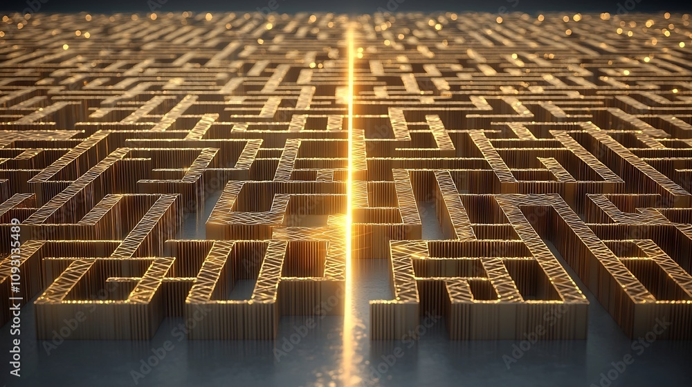 Fototapete dynamic 3d abstract maze in rich golden tones featuring a radiant line carving a path through symbol