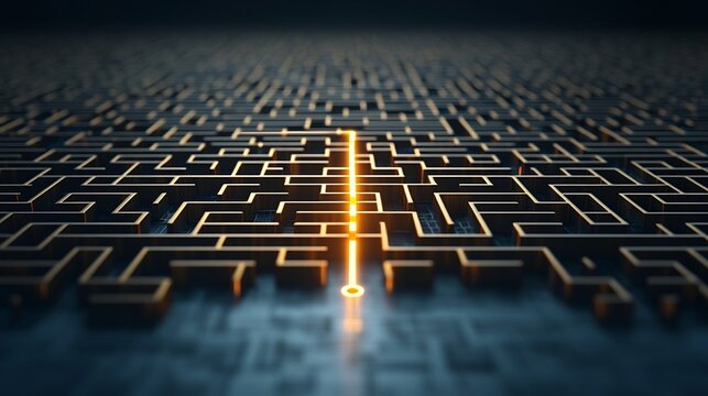 Vibrant 3D golden maze with a glowing radiant line carving an optimal route representing the clarity and creativity of innovative strategic thinking and problem solving