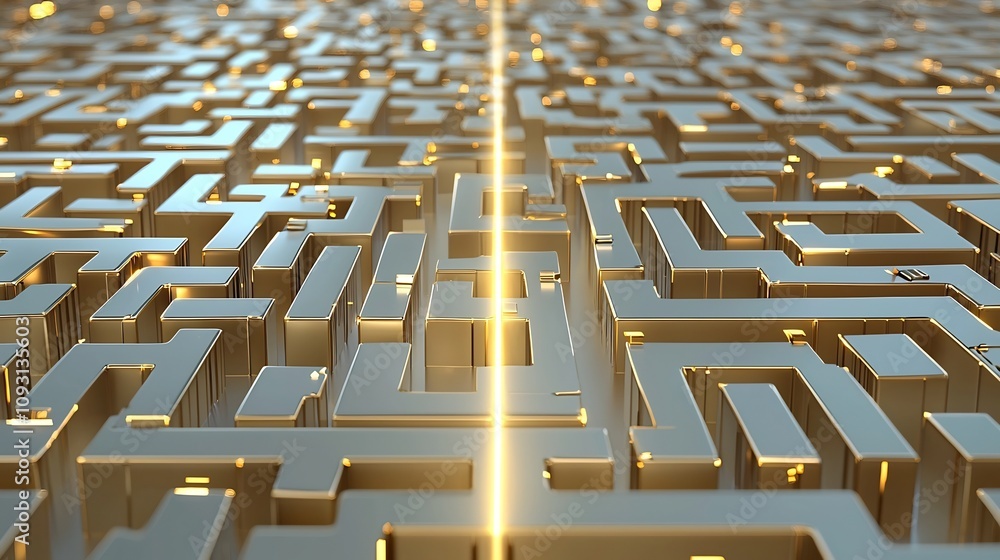 Aufkleber Captivating 3D abstract maze in shimmering gold tones with a radiant line finding its way through symbolizing strategic clarity innovative design and breakthrough ideas