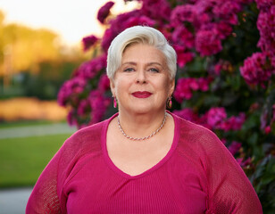 Mature Transgender Person Face in Vibrant Outfit with Floral Park Background Lifestyle Headshot