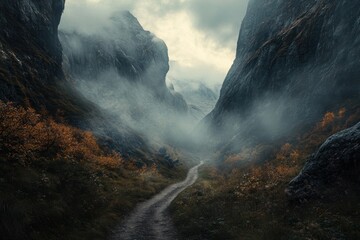 Obraz premium Misty Mountain Path Winding Through Autumnal Gorge