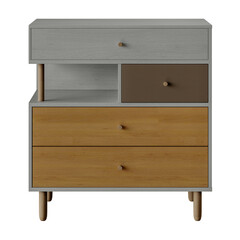 A wooden dresser with three drawers and a brown and tan top