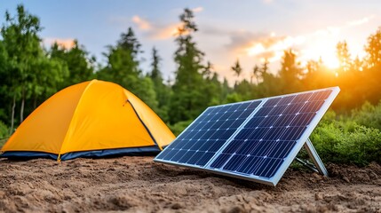 Sustainable Camping Solar Panel Powering Tent in Forest Sunset
