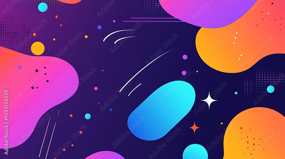 Poster abstract colorful fluid shapes with dots and lines on a dark background