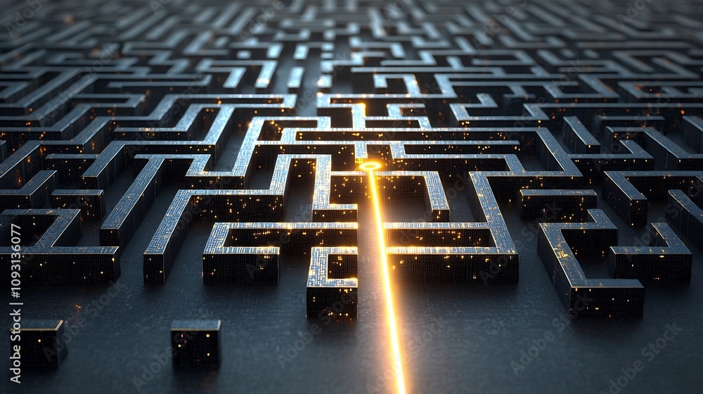 Poster Luxurious glowing 3D abstract maze with shimmering gold patterns and a luminous line tracing the optimal solution representing innovative strategies and creative breakthroughs