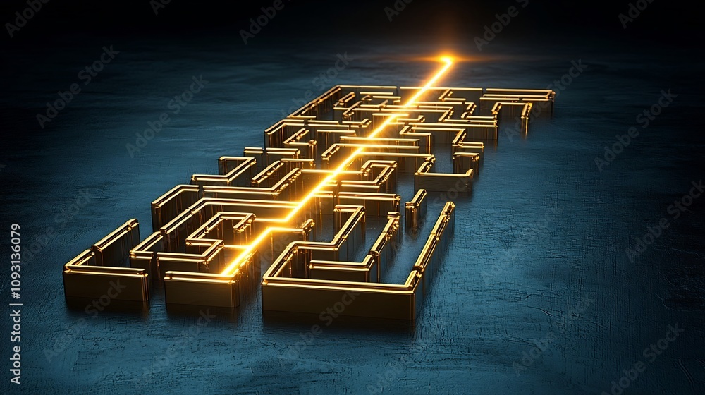Poster luxurious 3d gold maze design with a glowing line illuminating the best path representing clarity in
